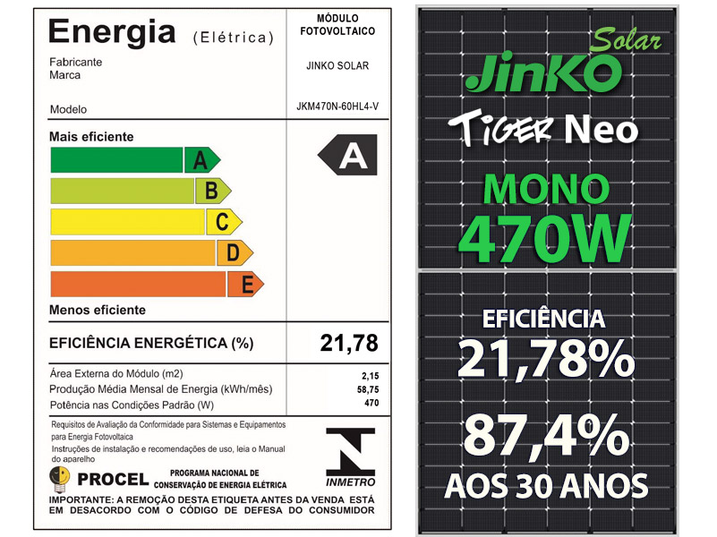 PAINEL SOLAR FOTOVOLTAICO JINKO JKM470N-60HL4-V TIGER NEO 470W 120 CEL. N TYPE MONO 21,78% EFICIENCIA JKM470N-60HL4-V TIGER NEO 470W 120 CEL. N TYPE MONO 21,78% EFICIENCIA 0