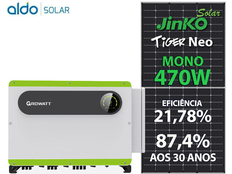 GERADOR DE ENERGIA SOLAR GROWATT SEM ESTRUTURA ALDO SOLAR ON GRID GF 75,2KWP JINKO TIGER NEO MONO 470W MAX 60KW 8MPPT TRIF 220V GF 75,2KWP JINKO TIGER NEO MONO 470W MAX 60KW 8MPPT TRIF 220V 0
