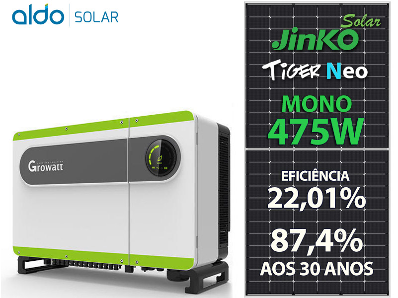 GERADOR DE ENERGIA SOLAR GROWATT METALICA PERFIL 55CM ROMAGNOLE ALDO SOLAR ON GRID GF 90,25KWP JINKO TIGER NEO MONO 475W MAX 75KW 7MPPT TRIF 380V GF 90,25KWP JINKO TIGER NEO MONO 475W MAX 75KW 7MPPT TRIF 380V 0