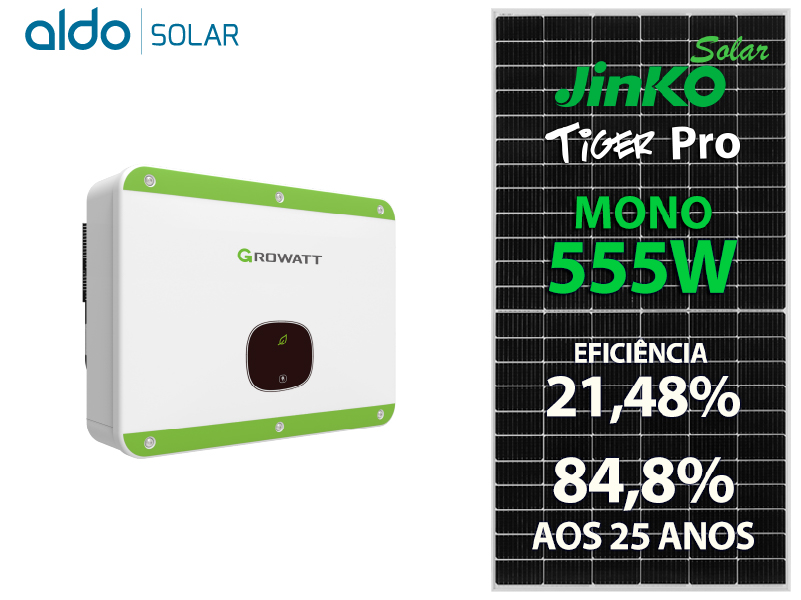 GERADOR DE ENERGIA SOLAR GROWATT SEM ESTRUTURA ALDO SOLAR ON GRID GF 31,08KWP JINKO TIGER PRO MONO 555W MID 30KW 3MPPT TRIF 380V GF 31,08KWP JINKO TIGER PRO MONO 555W MID 30KW 3MPPT TRIF 380V 0