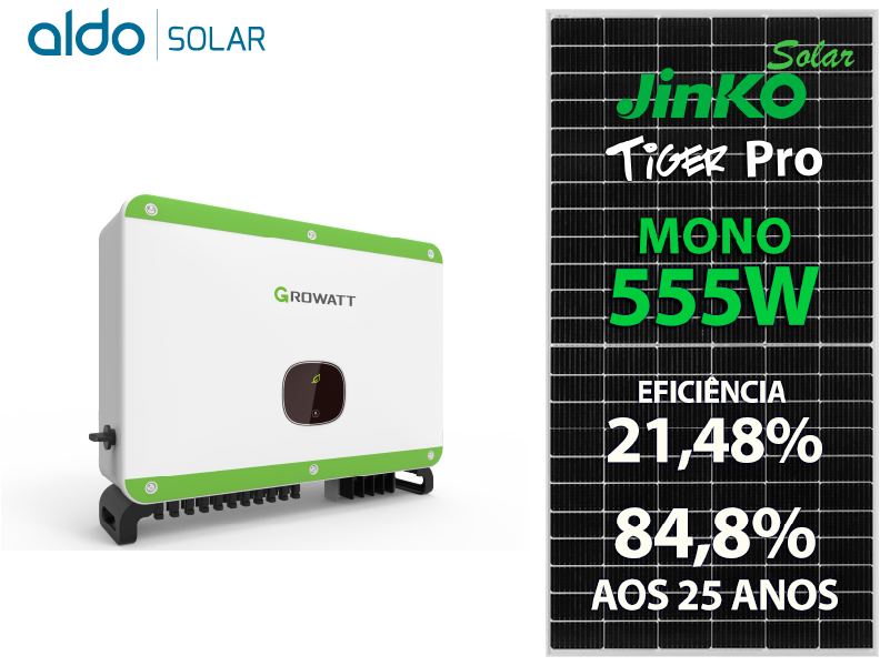 GERADOR DE ENERGIA SOLAR GROWATT SEM ESTRUTURA ALDO SOLAR ON GRID GF 62,16KWP JINKO TIGER PRO MONO 555W MAC 60KW 3MPPT TRIF 380V GF 62,16KWP JINKO TIGER PRO MONO 555W MAC 60KW 3MPPT TRIF 380V 0
