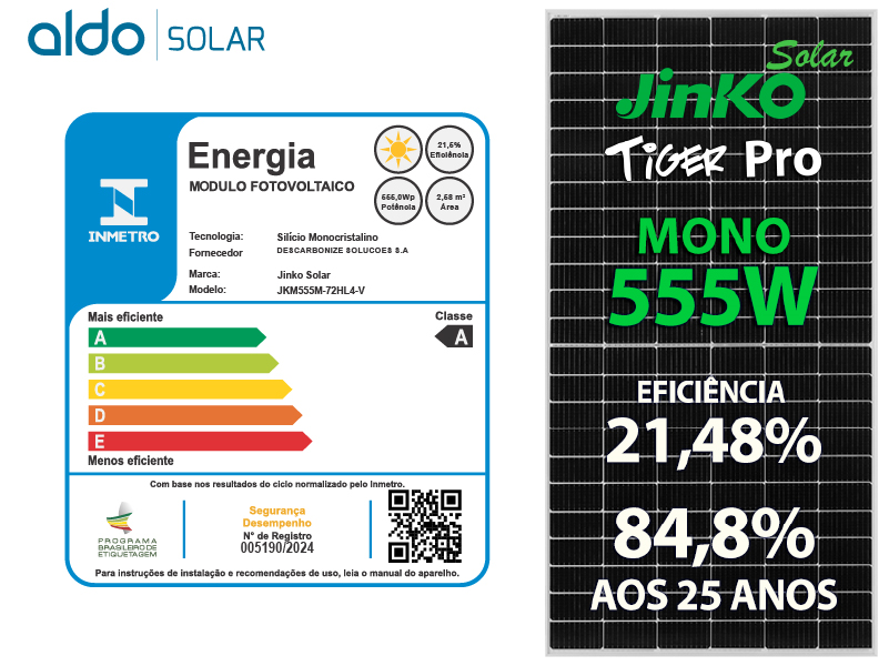PAINEL SOLAR FOTOVOLTAICO JINKO JKM555M-72HL4-V TIGER PRO 555W 144 CEL. P TYPE MONO 21,48% EFICIENCIA JKM555M-72HL4-V TIGER PRO 555W 144 CEL. P TYPE MONO 21,48% EFICIENCIA 0