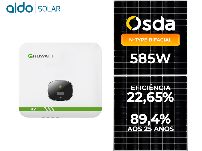 GERADOR DE ENERGIA SOLAR GROWATT SEM ESTRUTURA ALDO SOLAR ON GRID GF 14,62KWP OSDA 585W BIF N-TYPE MIN X2 10KW 3MPPT MONO 220V GF 14,62KWP OSDA 585W BIF N-TYPE MIN X2 10KW 3MPPT MONO 220V 0