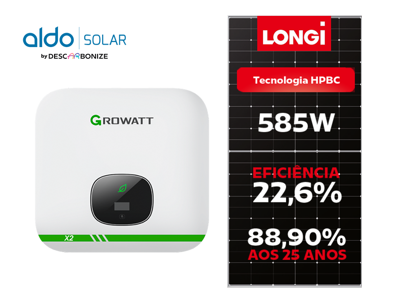 GERADOR DE ENERGIA SOLAR GROWATT SOLO 8 MÓDULOS ROMAGNOLE ALDO SOLAR ON GRID GF 5,85KWP LONGI 585W MONO BC MIN X2 5KW 2MPPT MONO 220V GF 5,85KWP LONGI 585W MONO BC MIN X2 5KW 2MPPT MONO 220V 0