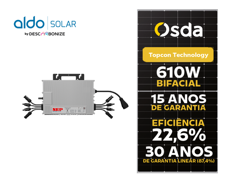 GERADOR DE ENERGIA SOLAR NEP MICRO INVERSOR METALICA 55CM ALDO SOLAR ON GRID GF 2,44KWP OSDA 610W BIFACIAL N-TYPE NEP 2,25KW 2MPPT MONO 220V GF 2,44KWP OSDA 610W BIFACIAL N-TYPE NEP 2,25KW 2MPPT MONO 220V 0
