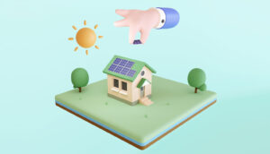 Ilustração em 3D de uma casa com painéis solares no telhado, enquanto uma mão posiciona um painel sob o sol, evidenciando o retorno do investimento em energia solar, suas vantagens econômicas e benefícios ambientais.